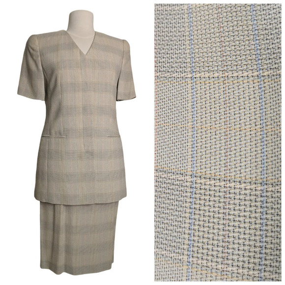 Louis Feraud Set Neutral Plaid Vanilla Girl Blazer & Skirt Size 8/EU 38 - Picture 2 of 15